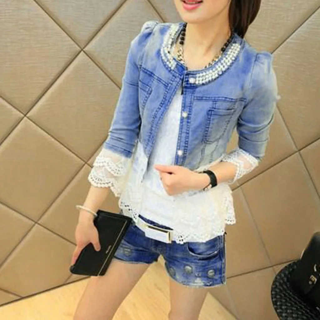 

Womail denim jacket women Coat Fashion Long Sleeves with lace Blue Denim Jean Jacket for Feminine Loose Outwear Overcoat J712