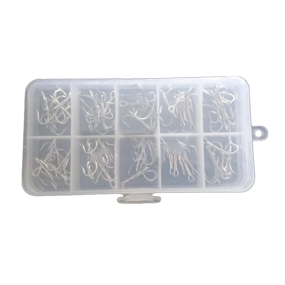 

50Pcs Type 2/4/6/8/10 Sharpened Fishing Treble Hook Tackle Tool with Plastic Box Fishhooks Fishing Tool