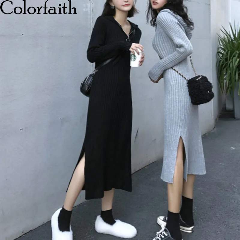 Женское вязаное платье с капюшоном Colorfaith длинное повседневное прямое на молнии v