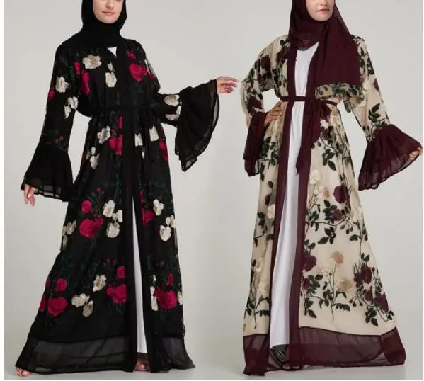 "Элегантное мусульманское Абая с цветочной вышивкой, длинные платья, кардиган с расклешенными рукавами, кимоно, длинное платье, туника для Б..."