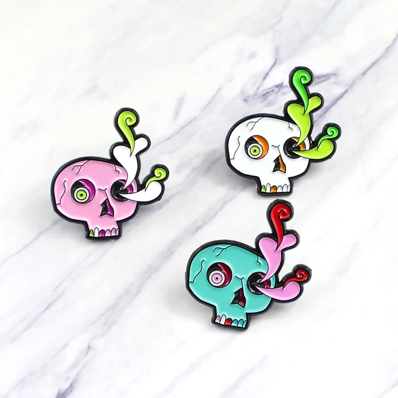 Брошка с цветком в виде ветки черепа 3 цвета Скелетон трещины спиральные глаза