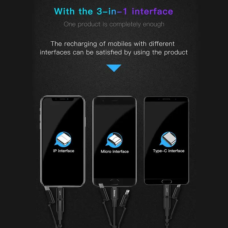 Usb-кабель Baseus 3 в 1 для iPhone, Micro USB type C, зарядный кабель для iPhone Xs Max X, samsung, Oneplus, Android, телефонный кабель