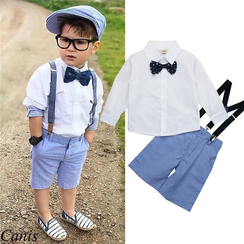 Emmaaby/Модный Элегантный комплект одежды из 2 предметов для маленьких мальчиков, одежда для джентльмена, костюмы, рубашка+ комбинезон, комбинезон+ галстук-бабочка, комплект одежды для мальчиков