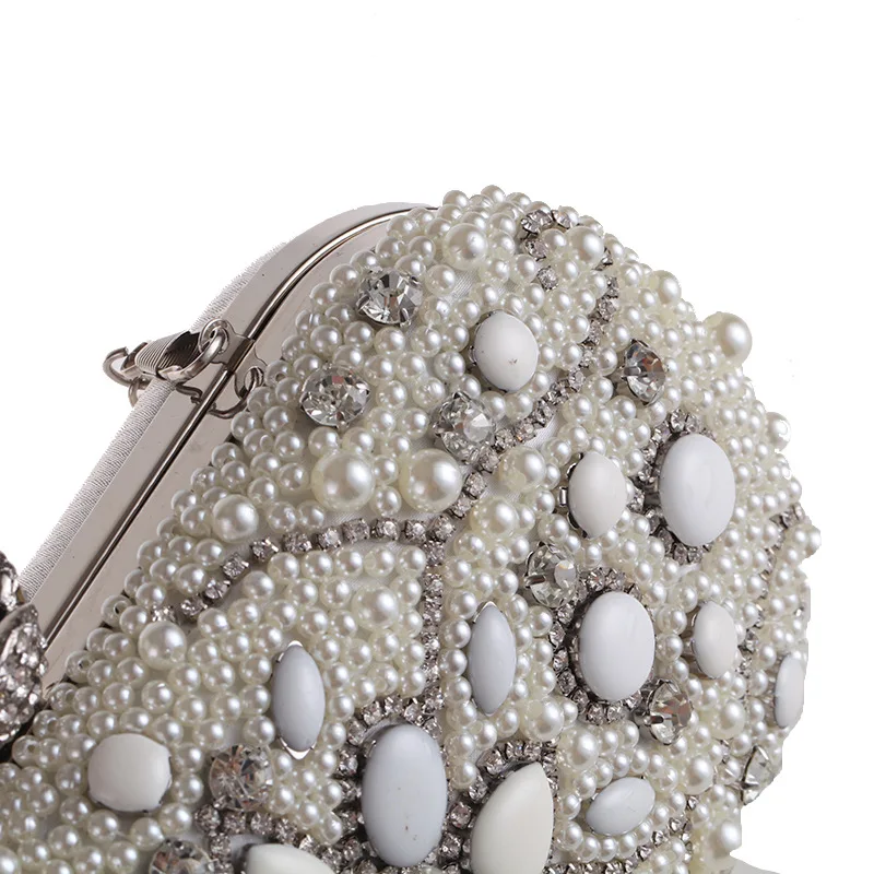 

Trendy Pearl Handbag Handicraft Diamond Evening Bag Long Chains Shoulder Bags Female Floral Beading Clutch Flap Bags