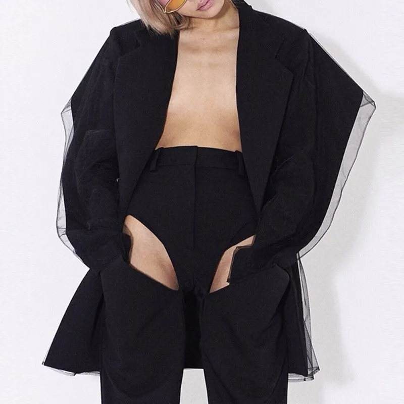 TWOTWINSTYLE сетчатый Плетеный Блейзер женские кружевные буфы на рукавах двубортная