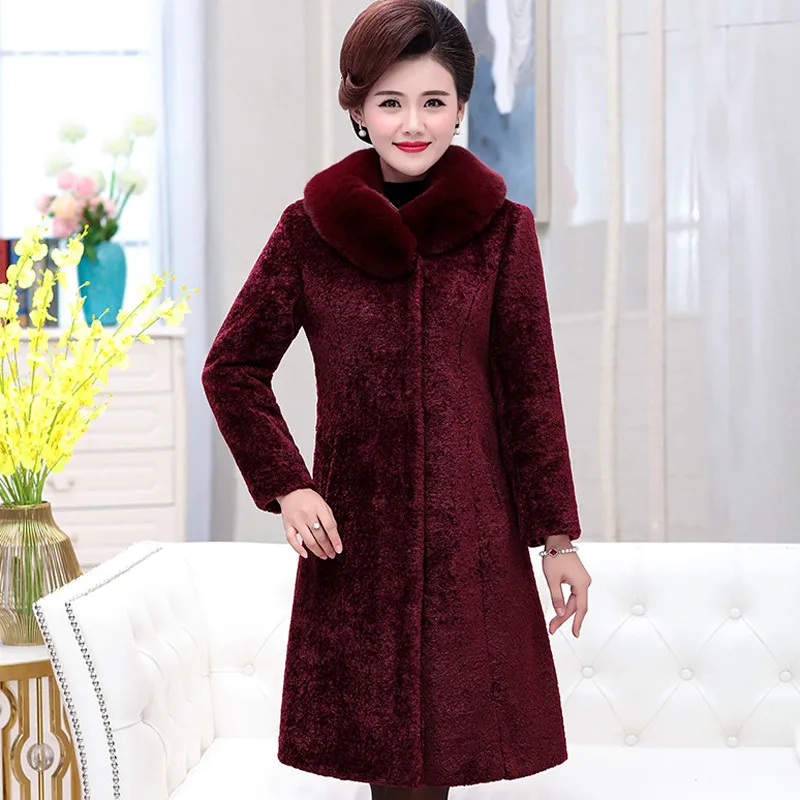 Red wine Осень-зима, Женское пальто из овечьей шерсти, плюс размер, 5XL, утолщенное, с капюшоном, шерстяное пальто, для женщин среднего возраста, с меховым воротником, Длинные куртки - Цвет: Red wine
