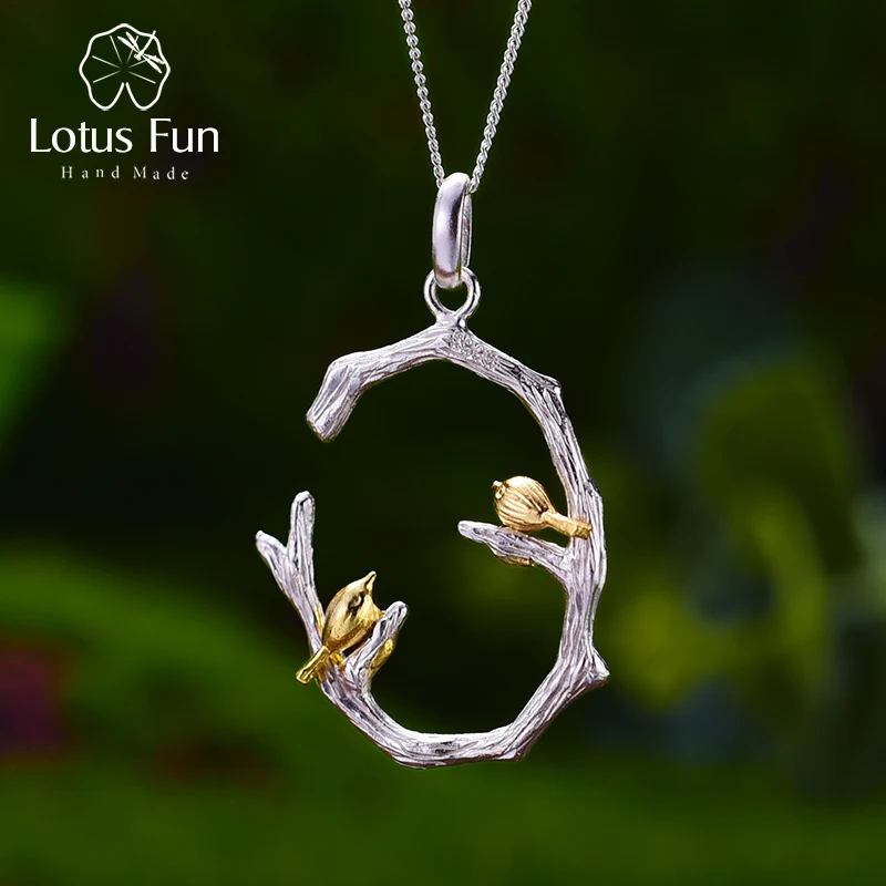 Lotus Fun Настоящее 925 пробы Серебряное натуральное Оригинальное ювелирное изделие 18 к золотая птица на ветке кулон без ожерелья для женщин подарок