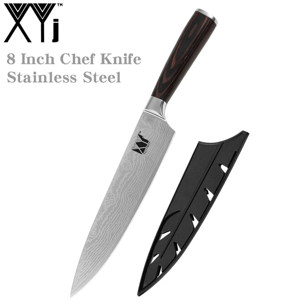 NO.2 XYj 8 inch Stainless Steel Chef Knife Damascus Pattern Blade Color Wood Handle Kitchen Cooking Knives Meat Fish Tools Accessory - Color: NO.2