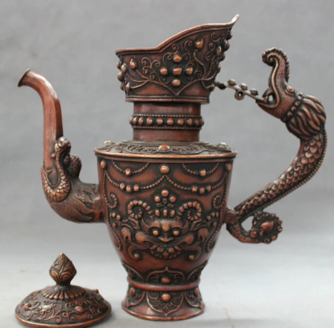 free shipping USPS to USA S1220 10&quot Chinese Red Copper Bronze Buddhism Dragon Head Statue Lion Wine Pot Teapot | Дом и сад