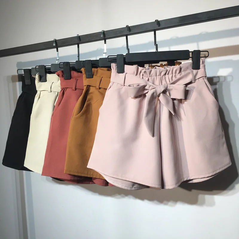 

Шорты женские с эластичным поясом, Модные Винтажные Короткие штаны с широкими штанинами, однотонные тонкие, с бантом, Mw204, лето-осень 2018