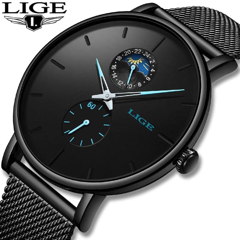 

Часы наручные LIGE Мужские кварцевые, модные брендовые Роскошные повседневные водонепроницаемые спортивные, с тонким сетчатым стальным брас...