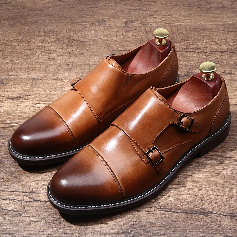 Men brown Oxfords Formal Dress Shoes Goodyear Handmade Genuine leather Monk Strap