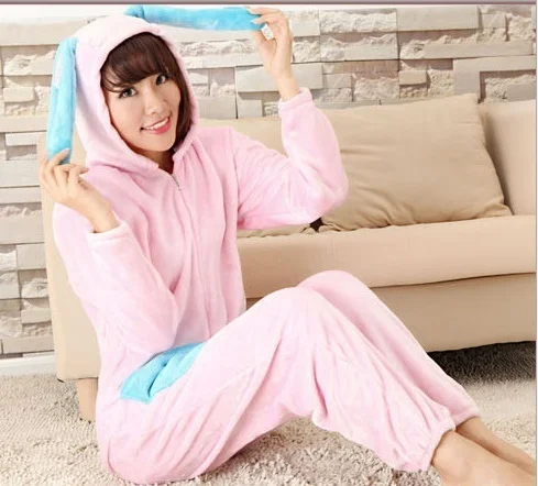 Теплые зимние розовый кролик Onesie с длинными ушами пижамы Комбинезоны для женщин