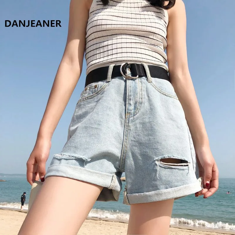 

Шорты DANJEANER женские джинсовые в пляжном стиле, классические винтажные с завышенной талией, с широкими штанинами, голубые повседневные, летн...