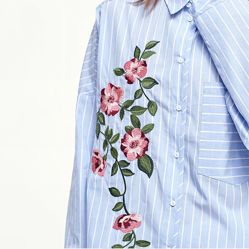 TFMLN Women Embroidered Blouses 2018 Spring Autumn Blue Striped Long Sleeve Shirt Tops New Blusas Camisas Femininas Female Blusa |