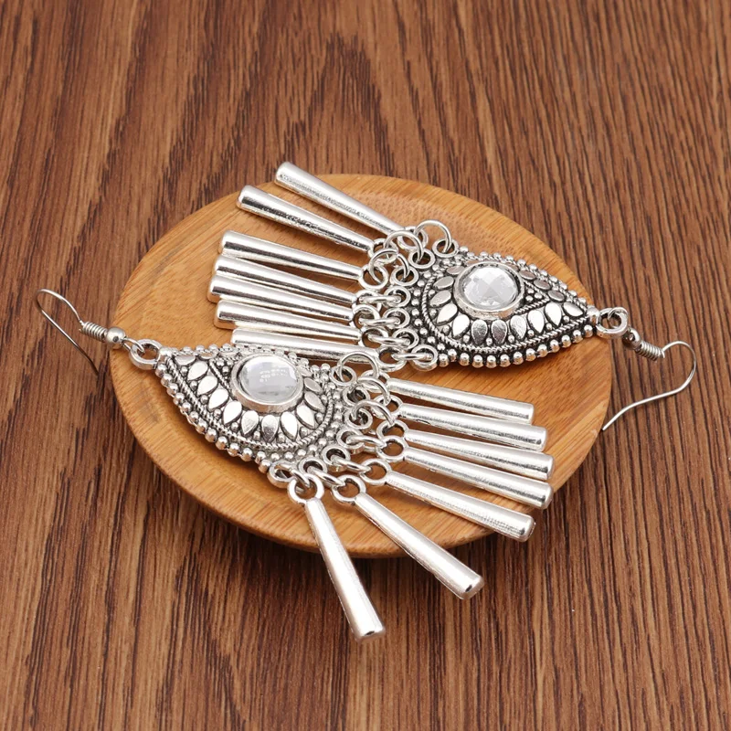 Seblasy New Vintage Tribal Jewelry Long Statement Hollow Crystal Water Droplet Dangle Earrings Stripe Tassel Drop Women | Украшения и