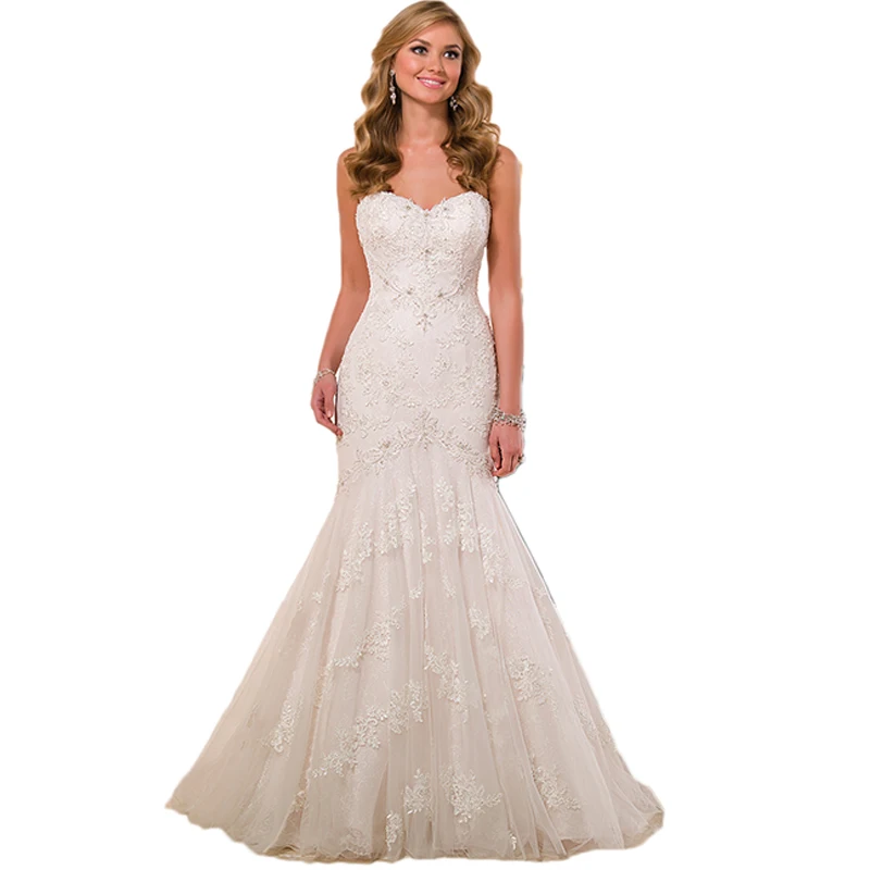 Милое кружевное свадебное платье Русалка 2019 Полный лиф из бисера милые