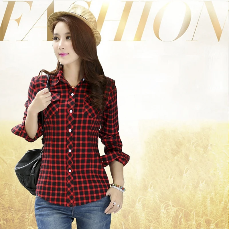 Блузка женская в клетку с отложным воротником и длинным рукавом - купить по