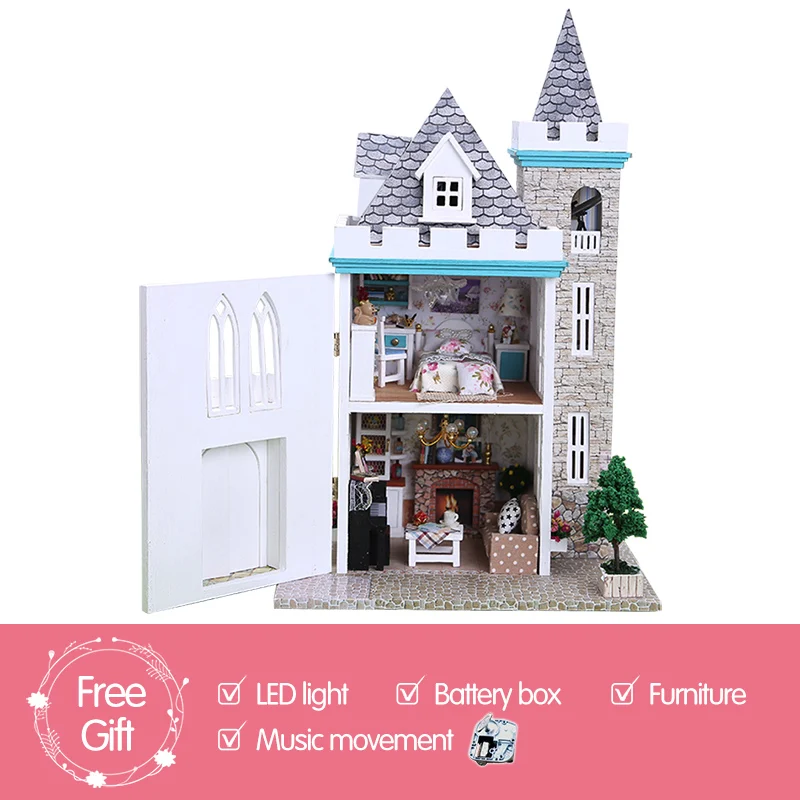 whit Musical movemen DIY Вилла для кукол Дом Деревянный 3D огни миниатюрный кукольный домик мебель головоломка лунный свет комплект замок игрушки для детей подарок для девочки - Цвет: whit Musical movemen