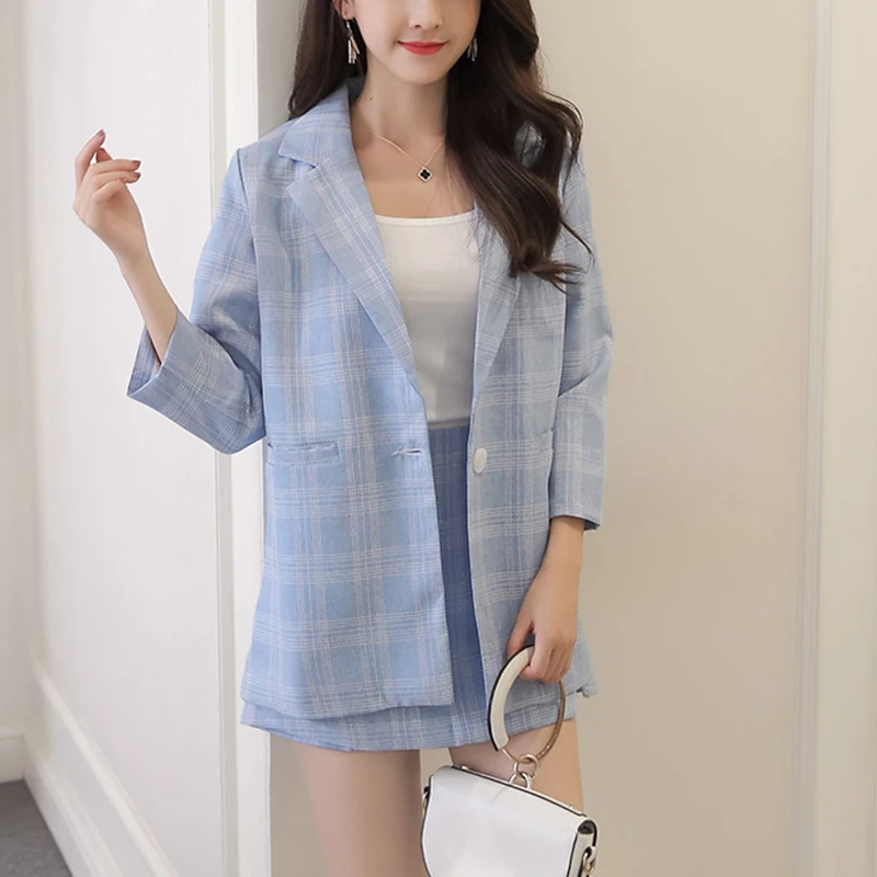 Женский Повседневный костюм RUGOD из 2 предметов Элегантный Синий Клетчатый жакет и