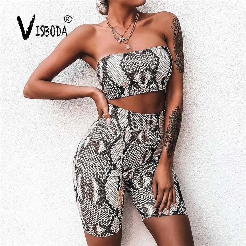 Женский комплект из 2 предметов со змеиным принтом укороченный топ и шорты модный