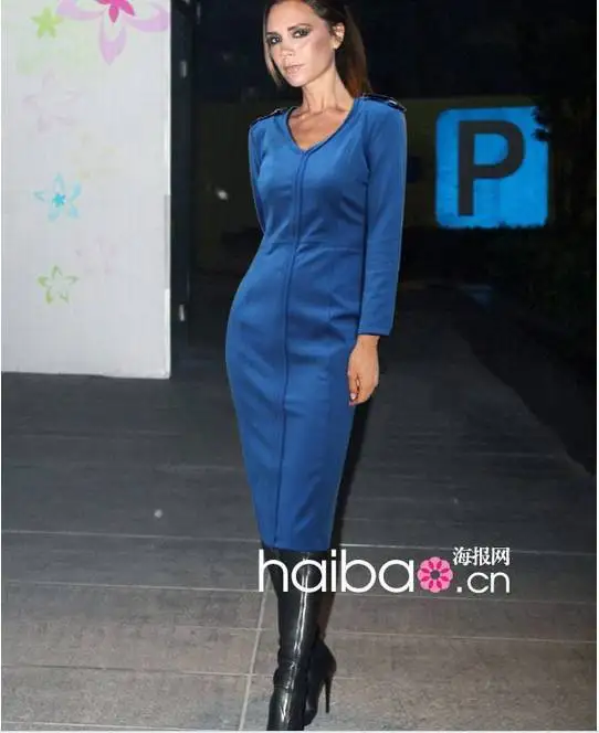 Fashion star victoria beckham ol formal women long sleeve one piece v-neck blue dress party evening elegant 9030 | Женская одежда