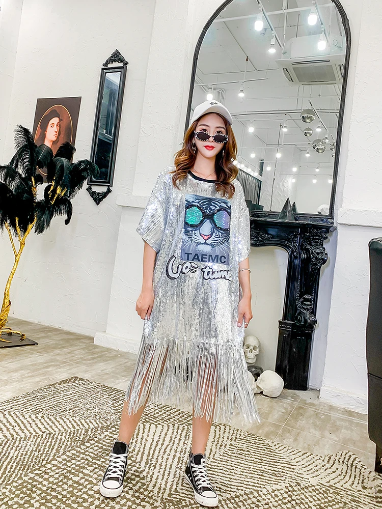 2020 шикарное Серебряное платье с блестками и кисточками вечерние платья женские