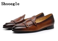 shooegle fashion real leather vintage style men casual shoes double monk strap buckle loafers wedding high quality dress shoes