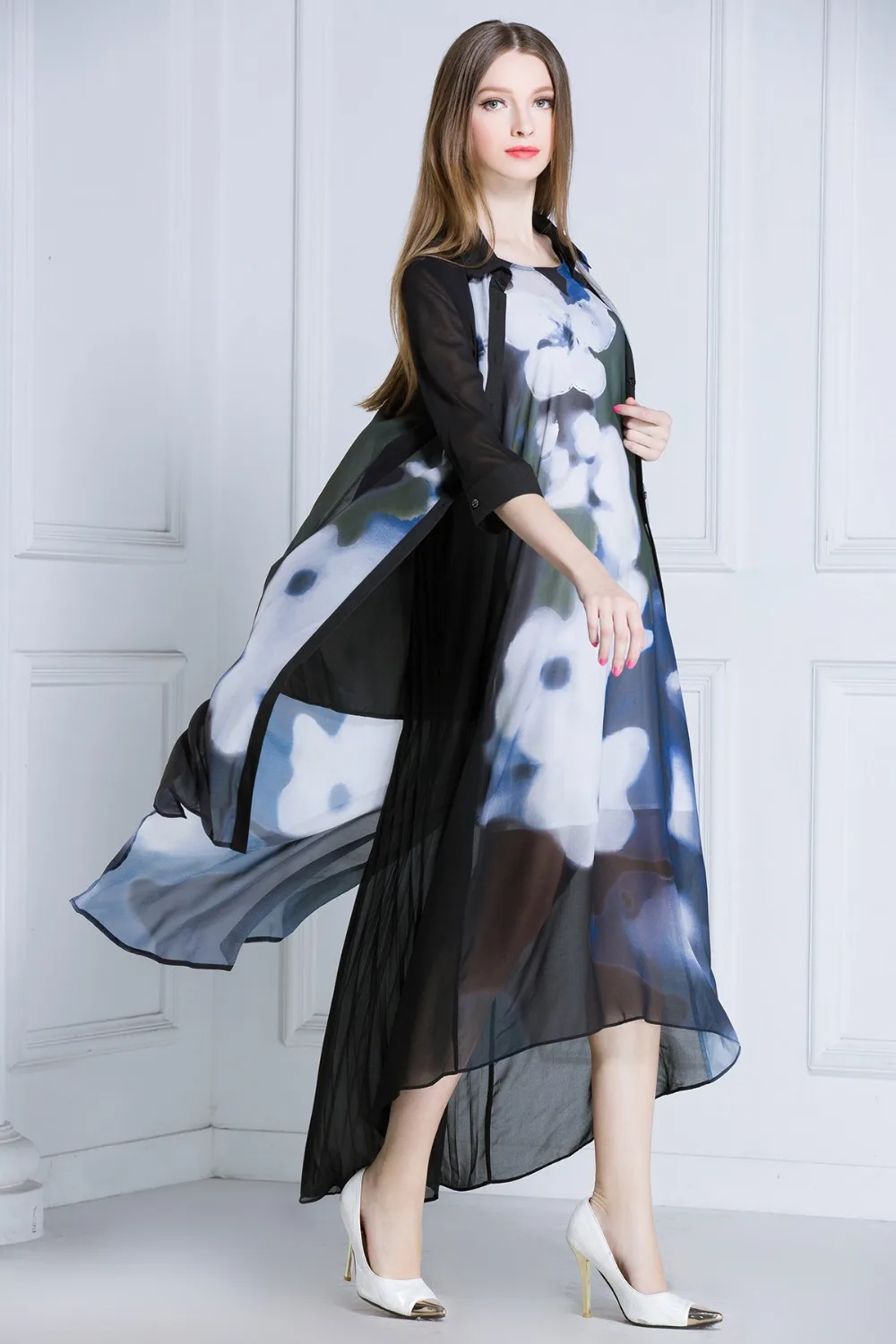 Fasicat 2015 High Quality Summer Style Chiffon Women Dress Ink Painting Print Vestidos Button Placket Loose Voile L153028 | Женская