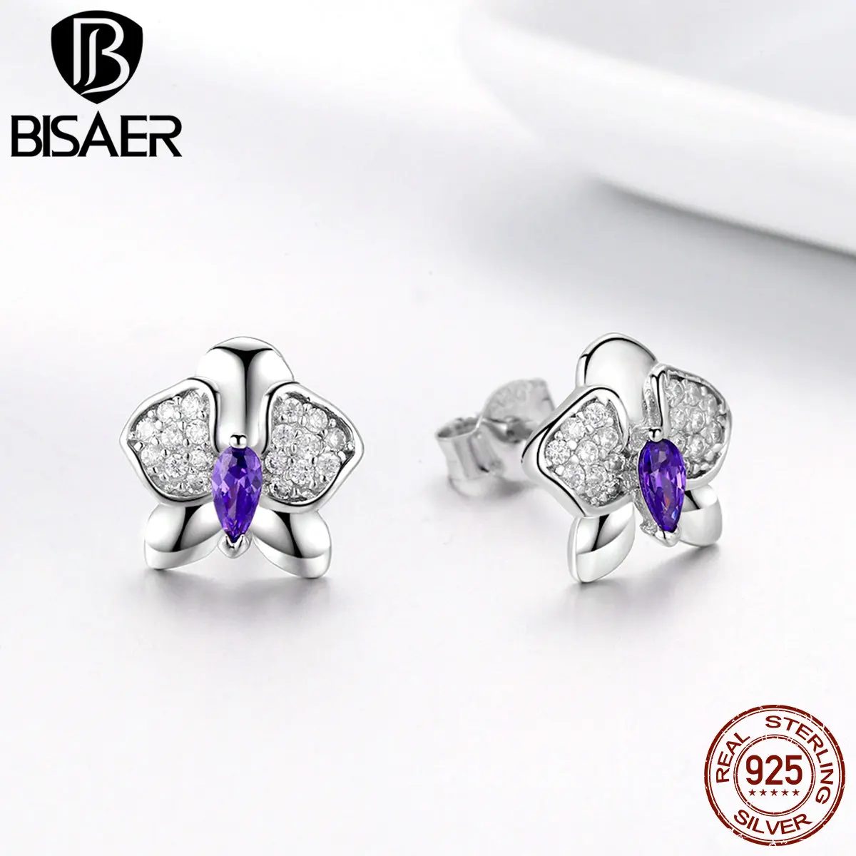 BISAER,, 925 пробы, серебряные серьги-гвоздики с бабочкой для женщин, маленький цветок орхидеи, циркониевые модные серьги, ювелирные изделия EFE036