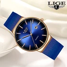 Часы наручные LIGE женские кварцевые, роскошные модные простые, с синим сетчатым ремешком