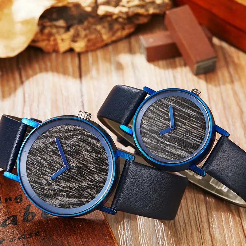 Fashion Wooden Couple Wrist Watch Unique Blue Leather Elegant Clock Lover Wood Original Watches For Women Men Best Gifts | Наручные часы