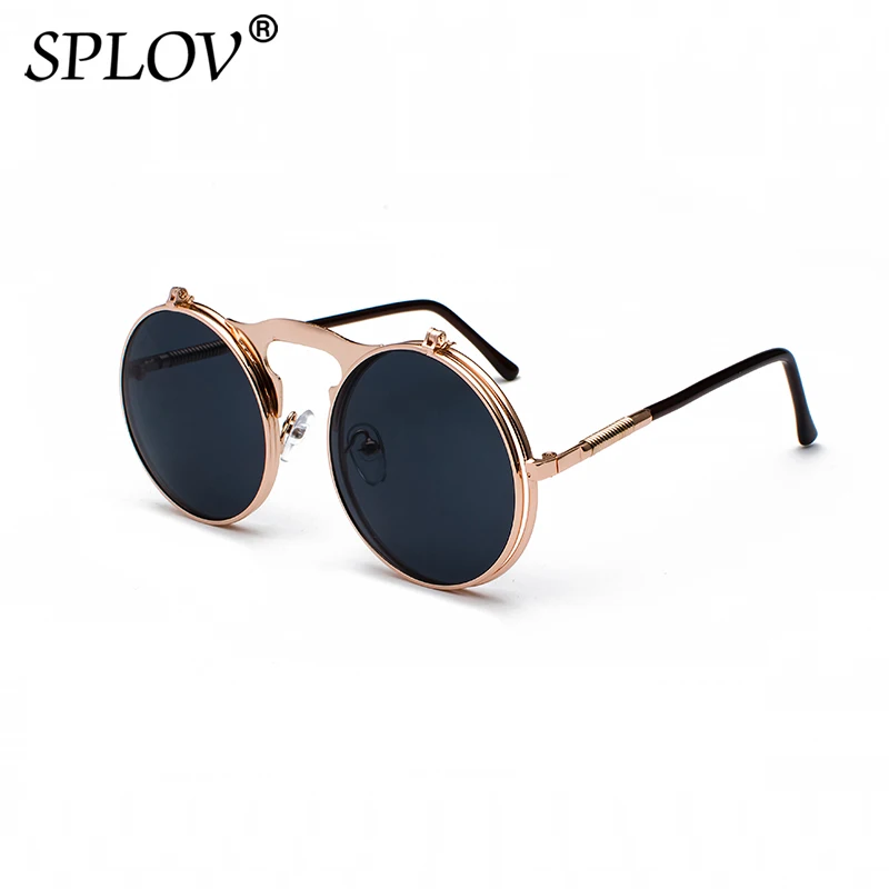 C3RoseGoldGrey SPLOV, Ретро стиль, стимпанк, флип, солнцезащитные очки, Ретро стиль, круглая металлическая оправа, солнцезащитные очки для мужчин и женщин, фирменный дизайн, круглые очки Oculos - Цвет линз: C3RoseGoldGrey