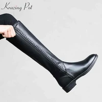 krazing pot genuine leather stretch long boots med heel sewing gladiator women keep warm preppy style over the knee boots l16