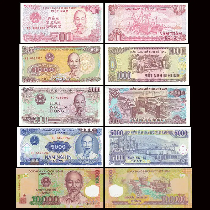 Вьетнамский вьетнамский набор банкнот 5 шт. 500 + 1000 2000 5000 10000 Dong UNC Asia коллекция