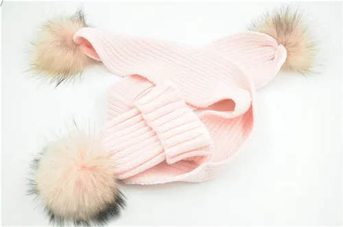 Pink 2 match fur Мать и детский головной убор и шарф, комплект высокого качества, зима, натуральный мех енота, помпон, помпон, вязаная мода, новые шапочки, шапка, шарфы - Цвет: Pink 2 match fur