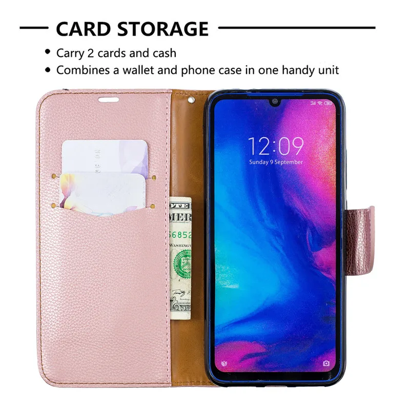 Откидная крышка Подставка Wallet для Xiaomi Redmi Note 7 Однотонная одежда Личи шаблон PU
