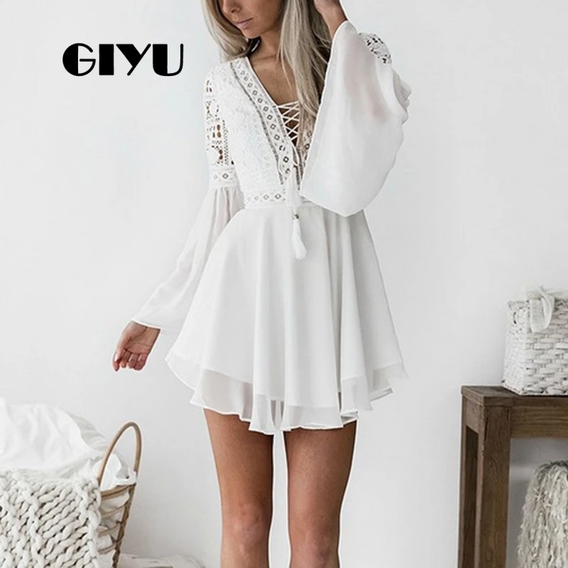 GIYU женское расклешенное платье с длинным рукавом шифоновые платья Кружевные