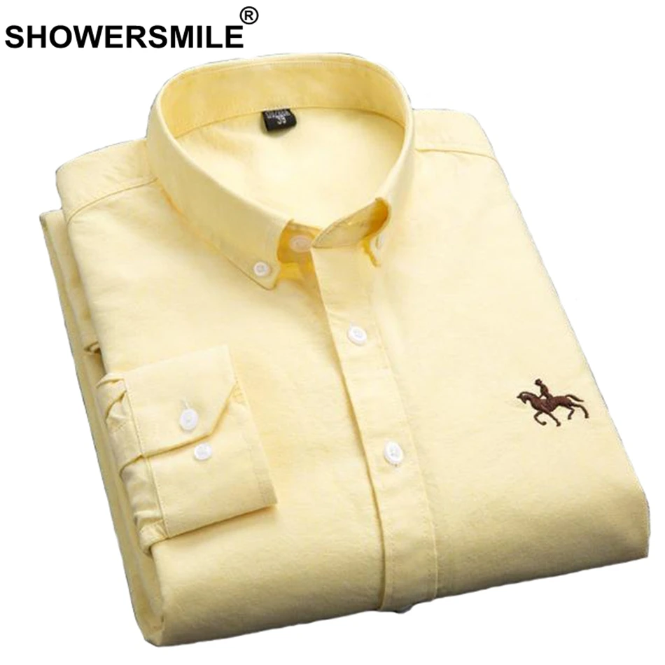 Yellow Shirt SHOWERSMILE мужская желтая рубашка из чистого хлопка, Повседневная приталенная Мужская рубашка с вышивкой и длинным рукавом, осенняя мужская одежда большого размера - Цвет: Yellow Shirt