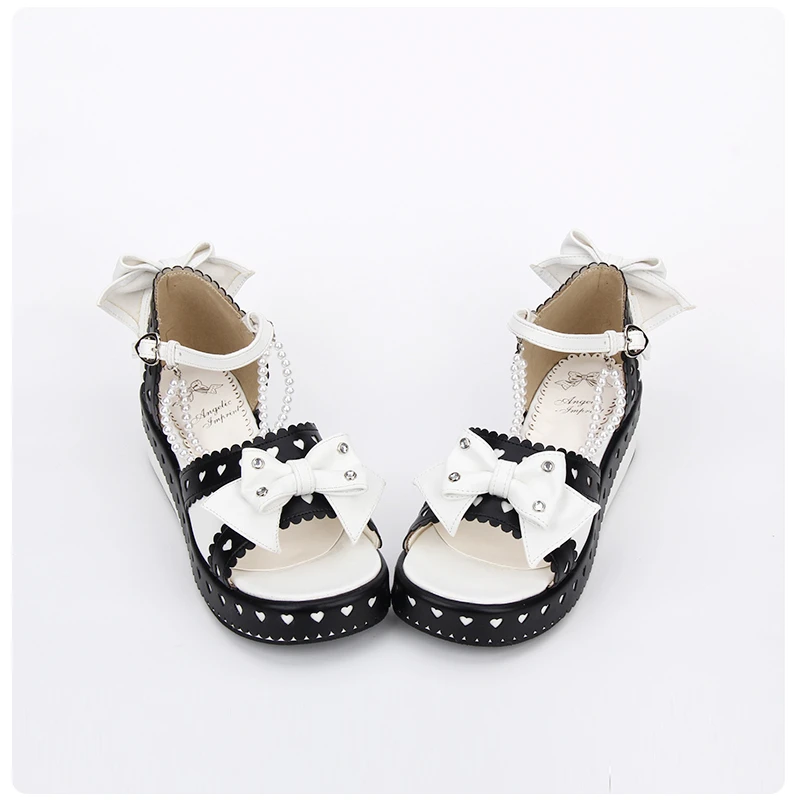 Японские сандалии принцессы на толстой платформе с бантом и жемчугом|Боссоножки