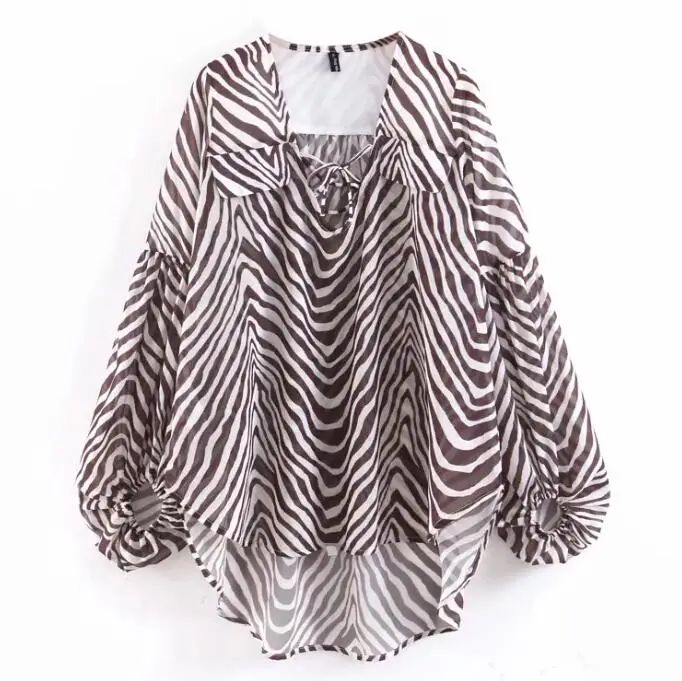 2019 Для женщин Фонари рукава с принтом зебры блузка V-Neck Lace-Up Бохо уличной