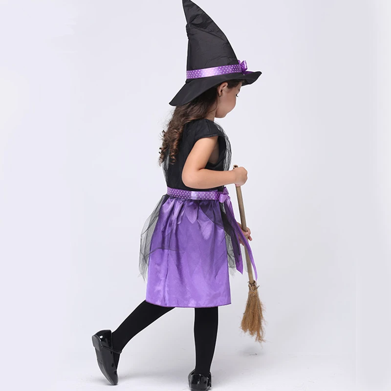 Костюм ведьмы для девочек одежда на Хэллоуин черное фиолетовое платье с шляпой