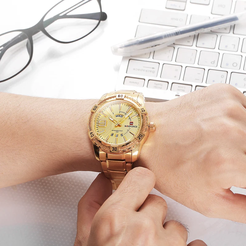 Часы NAVIFORCE Мужские кварцевые роскошные брендовые модные золотистые спортивные