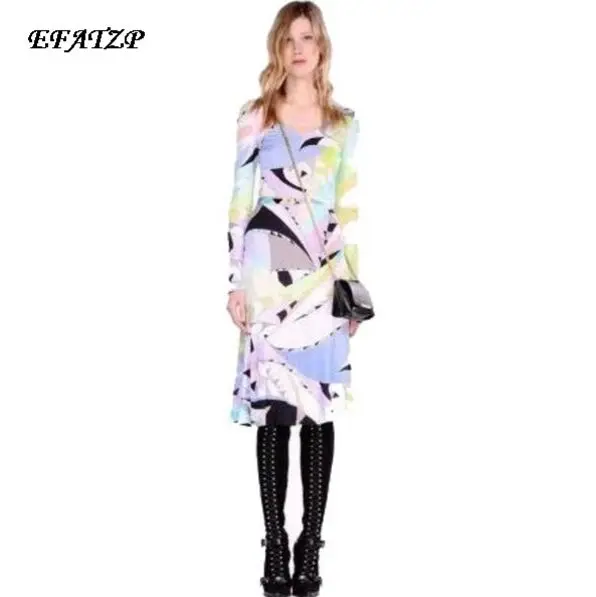 Женское платье из эластичной шелковой Джерси с V-образным вырезом и длинным