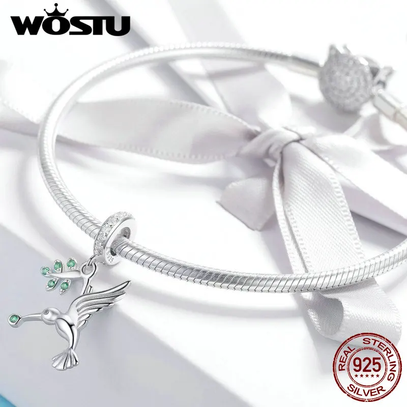 WOSTU, весна, хит, 925 пробы, Серебряная птица, клюет, Зеленый лист, болтается, подходит для браслета и ожерелья, подвеска, свежие ювелирные изделия, FIC982