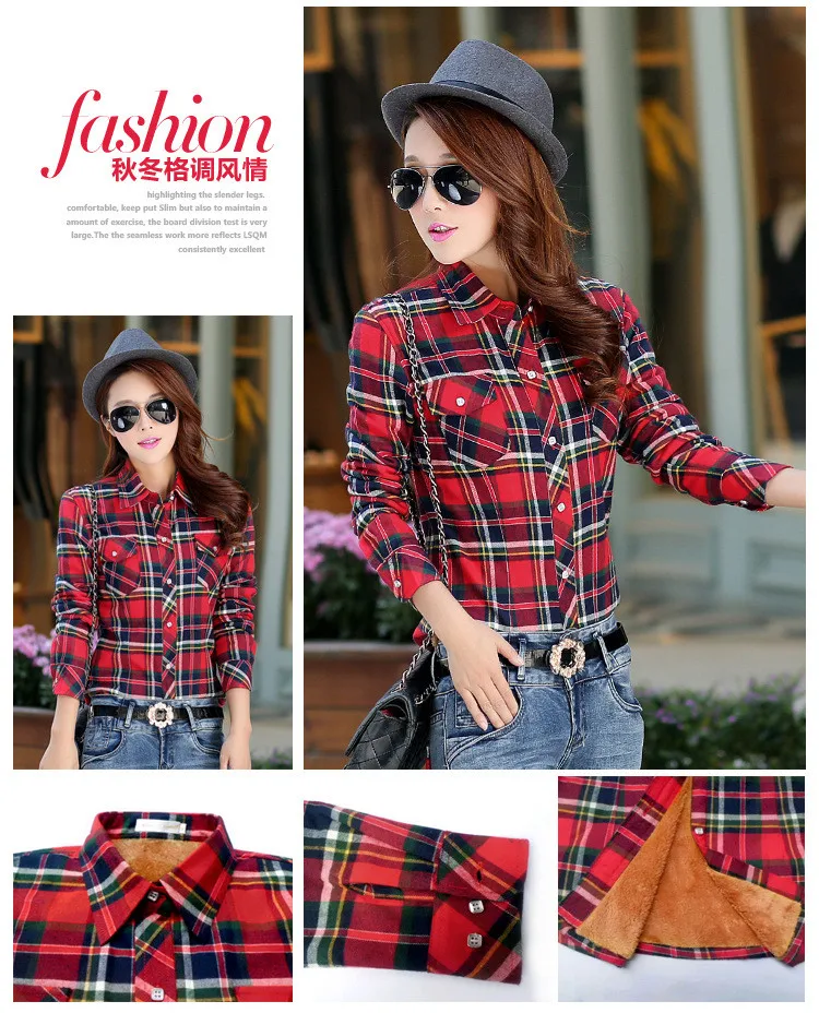 Женская рубашка, плотные топы, Blusa Camisa Femininas, Осень-зима, теплая, хлопковая, с длинным рукавом, бархатная, Клетчатая блузка, фланелевые офисные рубашки