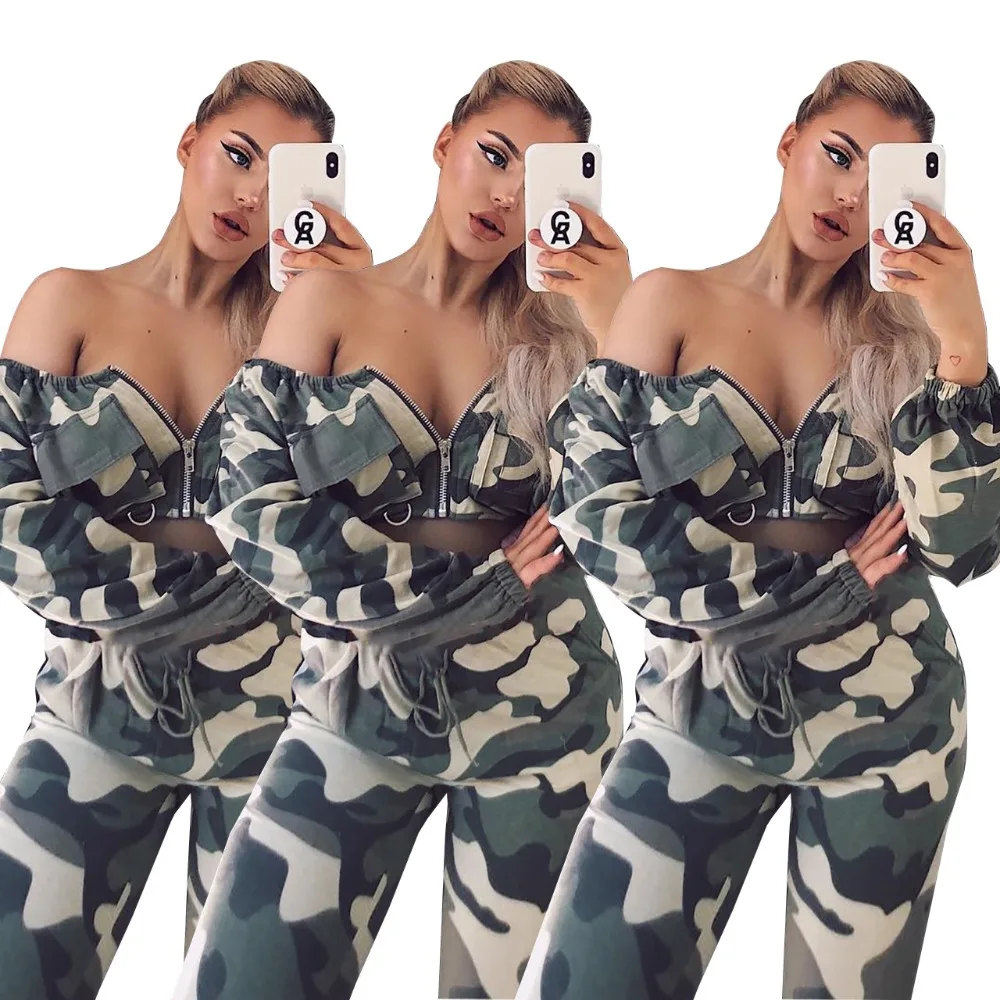Модные камуфляжные печати Tracsuits для женщин комплект из 2 частей Сексуальная
