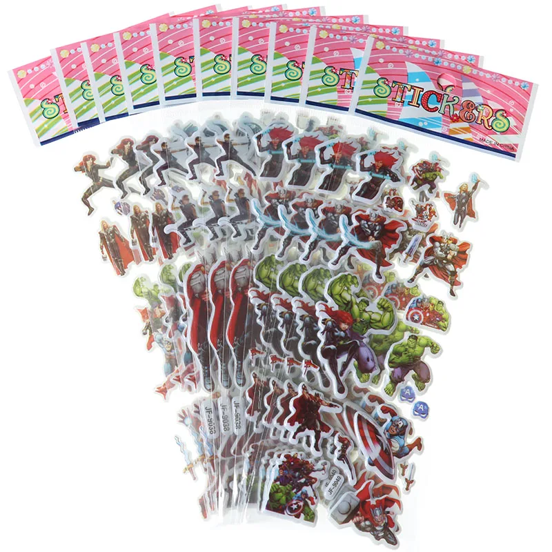 10sheets Anime Marvel Avengers Sticker Children's Gift Toy Kawaii 3D PVC Bubble Stickers Classic Decals (Random Style) | Дом и сад