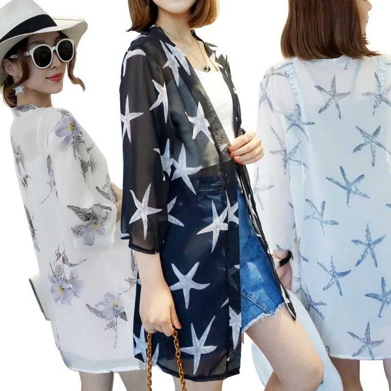 Модная женская рубашка с длинным рукавом Blusas куртка длинная свободная повседневная Sunblock укороченный шифоновый кардиган с принтом кимоно