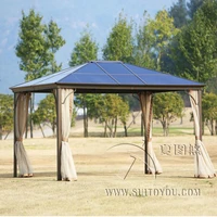 12 x 10 outdoor gazebo patio pergola aluminum pc hardtop sun room carage shelter mosquito netting and curtains dark brown